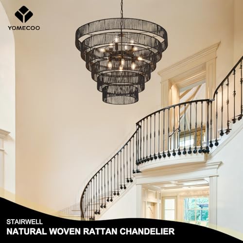 31.49" Large Rattan Black Chandelier for Dining Room, Farmhouse 12-Lights Boho Hand-Woven Bamboo Chandelier, Drum Wicker Black Chandeliers for Kitchen Island, Living Room, Bedroom, Entryway - color: Black 31IN