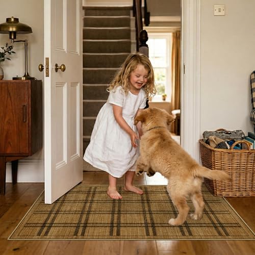 Jute 3x5 Kitchen Area Rugs: Washable Non Slip Entryway Rug with Rubber Backing Pet-Friendly Small Rugs Stain Resistant Carpet for Dining Room Laundry Porch Doorway Brown Plaid - color: Brown Plaid, size: 3' x 5' (Rectangular)