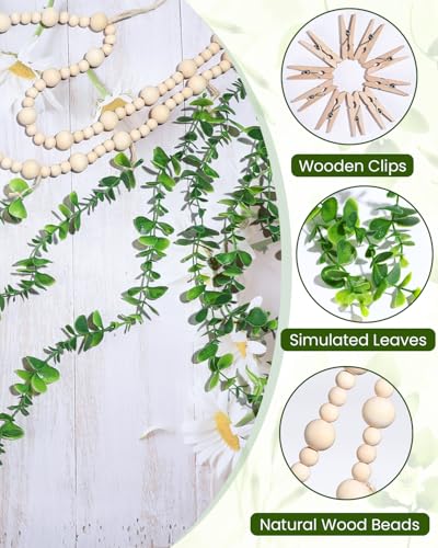Boho Wall Decor with Photo Hanging Clips, Wooden Beads Garland with Greenery Eucalyptus Decor, Aesthetic Room Essentials for Bedroom, Office Cubicle, Home Wall Decoration