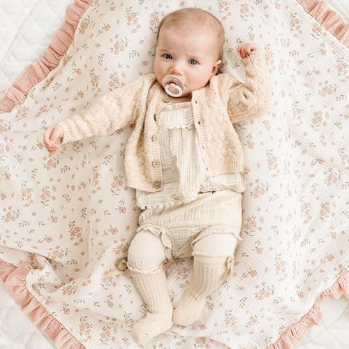 Konssy Flounce Muslin Baby Blanket for Girls Boys, 100% Cotton Soft Crib Swaddle Blankets, Reversible & Breathable Nursery Bedding for Newborns Toddlers, 43 x 39 Inches (Blossom) - color: Blossom, size: 43"x39"