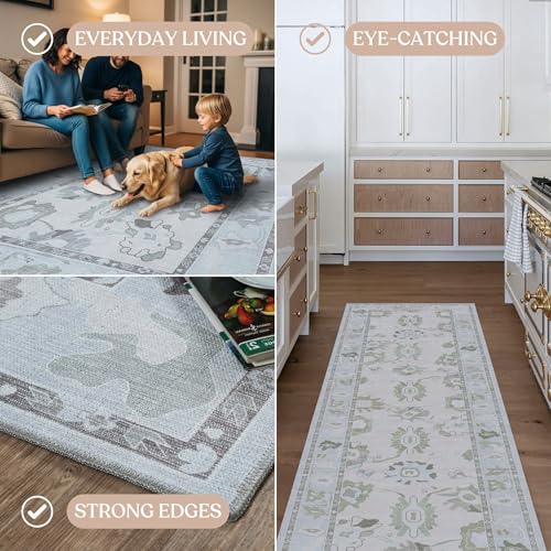 Fame Living Cream Beige Oushak Rug, Modern, Vintage, Turkish, Eclectic, Floral, Pastel, Washable, Area Rugs for Living Room, Dining, Bedroom, Office, Entryway, Foyer, Playroom, Nursery, 5'x6'9" - color: Cream Beige, size: 5' x 6'11" (Rectangular)