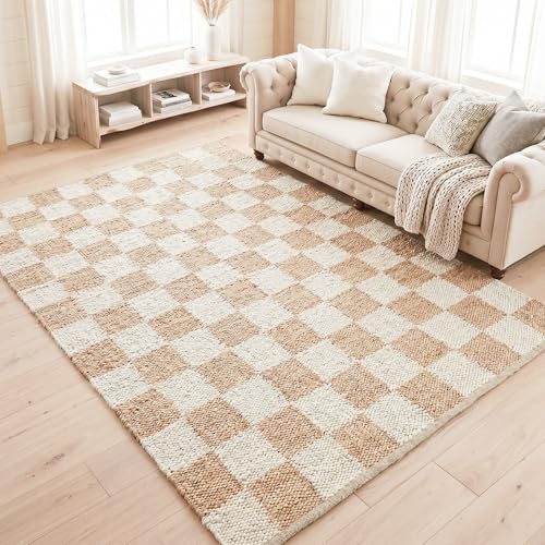 Homespice Mesa White & Tan Checkered Jute Rug 4x6' - Dense & Thick Premium Handmade Natural Fiber Rugs for Bedroom and Office, Reversible, Lays Flat, Won't Fray or Shed - color: Mesa, size: 4' x 6' (Rectangular)