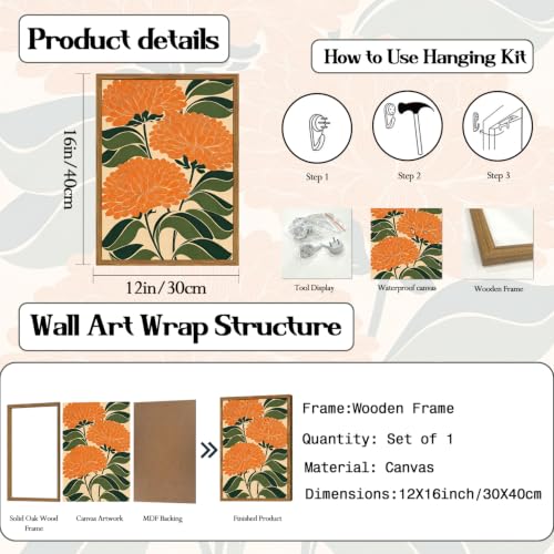 Framed Boho Floral Wall Art, Vintage Orange Flower Canvas Wall Decor Pictures, Mid Century Modern Abstract Botanical Paintings Prints Maximalist Home Decor for living Room Bedroom Office 12x16 inch - color: Orange Flower, size: 16"L x 12"W