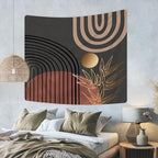 KOMLLEX Abstract Mid Century Tapestry 59Wx51H Boho Neutral Men Wall Hanging Arch Sun Leaves Minimalist Modern Geometric Simple Black Brown Gold Home Decor Art for Living Room Bedroom Dorm