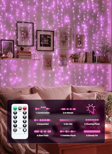 Brightown 300 LED Pink Fairy Curtain Lights, 9.8ft x 9.8ft String Lights, USB Plug in 8 Lighting Modes Christmas String Hanging Lights with Remote for Bedroom Indoor Outdoor Party Xmas Pink 1 Pack - color: Pink, size: 1 Pack-300 LED-USB Plug