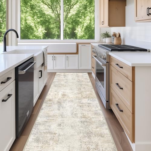 Capslpad 2x12 Beige Abstract Hallway Runner, Ultra Soft Fabric Washable Runner Rug, Non-Slip Rubber Backing, Stain Resistant Low Pile Runners for Hallways, Kitchen, Entryway, Bedroom, Laundry - color: Beige, size: 2' x 12' (Runner)