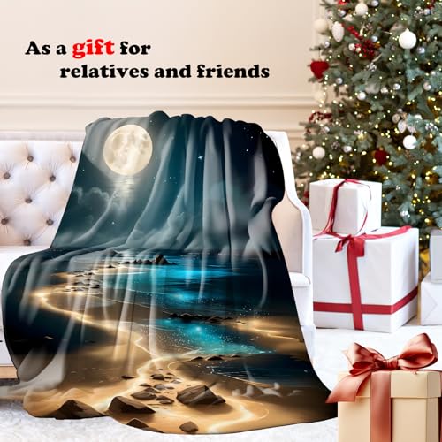 Full Moonlight Coastal Throw Blanket for Couch, Gifts for Beach Lovers, Mystical Celestial Ocean Throw Blanket for Home Bedroom Living Room Beach House Decoration, 50x60 Inches - color: Color_12