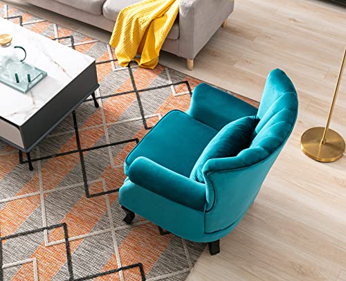 Kmax Teal Blue Accent Chair Velvet Wingback Chair with Pillow Nail-Head Channel Tufted Oversized Club Chair for Living Room Bedroom Guest Room - color: Teal Blue