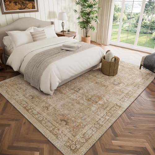 Washable 5x7 Area Rugs for Living Room, Boho Non-Slip Vintage Rug for Bedroom Dining Room Nursery Office, 0.3" Neutral Oriental Throw Thin Carpet with Cushioning Pad, Brown/Multi, C1 - color: Brown/White/Multi, size: 5' x 7' (Rectangular)