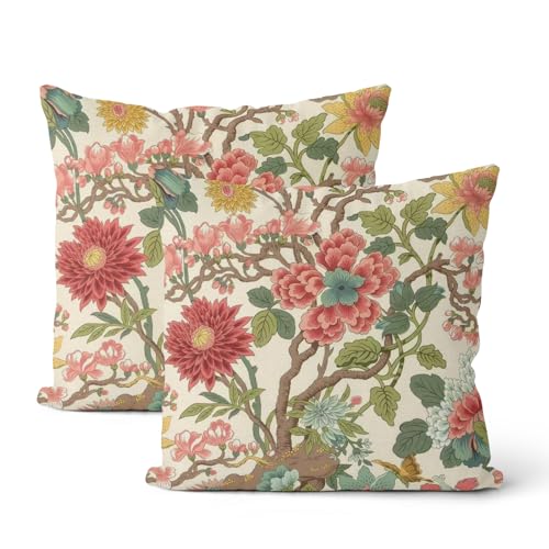 Chinoiserie Throw Pillow Covers 16x16 Inch 2 Pcs Pink Sage Green Floral Decor Pillow Covers Vintage Flower Spring Summer Outdoor Boho Decorative Pillowcase Linen Cushion Cover for Couch - color: Chinoiserie Pink Green Floral, size: 16" x 16" (Pack of 2)