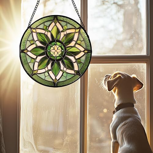 Stained Glass Window Hanging - White Green Boho Flower Suncatcher for Doors Window Home Sun Catchers Decor Christmas Mother's Day Birthday Gifts for Teacher Women Men Mom Nana 7.8 in - color: Green and White, size: 7.8x7.8 IN