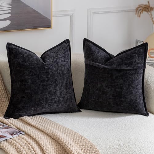 MADIZZ Pack of 2 Decorative Throw Pillow Covers Soft Chenille Throw Pillows Solid Textured Cushion Covers for Couch Sofa Bedroom Living Room 18x18 Inch, Black - color: Black, size: 18" x 18" (Pack of 2)