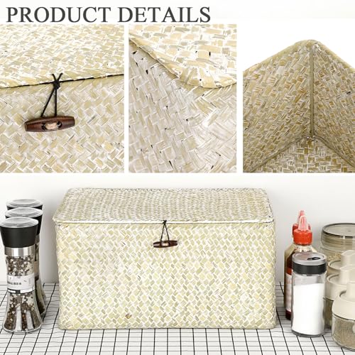 Hipiwe Wicker Shelf Baskets Bin with Lid, Large Natural Seagrass Basket Storage Bins Handwoven Rectangular Household Basket Boxes for Shelf Wardrobe Home Organizer and Decor, Whitewash - color: Whitewash, size: Large