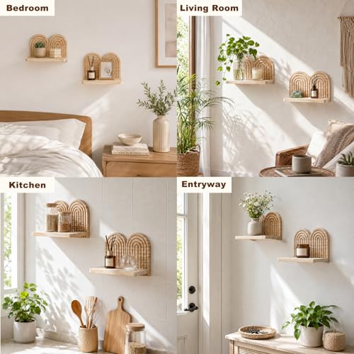 Artilady Boho Shelf Wall Decor Wood Floating Shelves, Arched Rainbow Wall Art, Hanging Plant Holder for Entryway Bedroom Living Room (Beige 2) - color: Beige 2