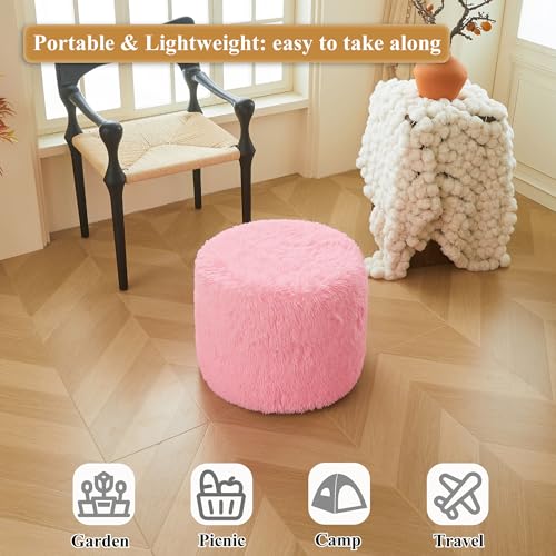 XeGe Fluffy Faux Fur Inflatable Pouf Ottoman, Cozy Shaggy Fuzzy Foot Stool, Plush Furry Foot Rest Floor Pouf Anti-Slip Kid Girl Adult, Foldable Round Ottoman Cushion for Living Room Bedroom, Pink - color: Pink, size: 20"x20"x16"