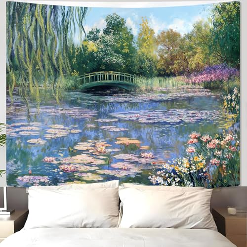 Accnicc Monet Water Lilies Tapestry Green Floral Plant Tapestries Aesthetic Monet Wall Art Posters Nature Flower Garden Landscape Small Tapestrys for Bedroom Living Room Dorm 60 x 44 Inch - color: Green Pink, size: 60"L x 44"W