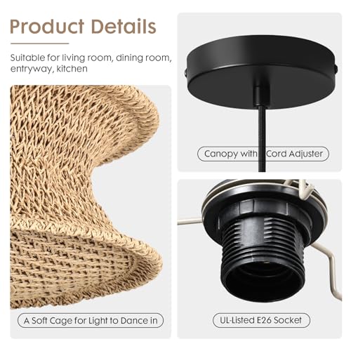 13" Boho Rattan Pendant Light Fixture, Hand Woven Hanging Ceiling Lamp for Kitchen Island, Dining Room, Entryway, Small Rustic Natural Woven Lighting