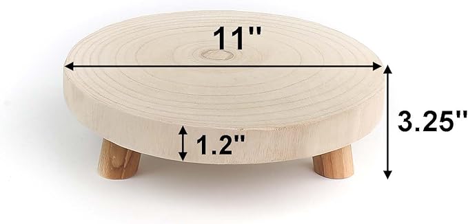 CYS EXCEL 2 Pcs Wooden Plant Stands Modern Raised Display Risers for Indoor Planters Round Natural Wood Slice Pedestals with Short Legs for Tabletop Decor Rustic Boho Home Accent, 11 Inch Diameter
