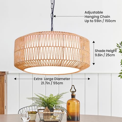 Large Handwoven Rattan Pendant Light, Boho Wicker Chandelier for Dining Room & Kitchen Island, Dimmable Hanging Ceiling Lamp with Warm White, Cool White & RGB Ambient Lighting, 21.7"
