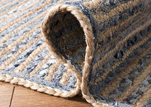 SAFAVIEH Cape Cod Collection Area Rug - 7' Round, Natural & Blue, Handmade Flat Weave Jute, Ideal for High Traffic Areas in Living Room, Bedroom (CAP250A) - size: 7' (Round)