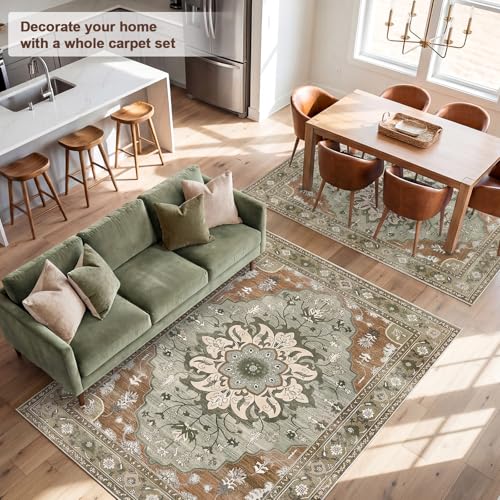 8x10 Area Rugs for Living Room, Machine Washable Boho Vintage Rug, Waterproof Surface & Non-Slip Backing, Foldable Soft Low Pile Floral Medallion Carpet for Bedroom Dining Room - color: Green/Orange, size: 8' x 10' (Rectangular)