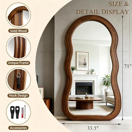 Wavy Full Length Mirror, 71"x33.5" Oversized Organic Floor Mirrors with Triple-Layer Solid Wood Frame, Irregular Full Body Mirror for Entryway Hallway Living Room Cloakroom, Leaning/Hanging - color: Walnut Wavy Frame, size: 71"L x 33.5"W