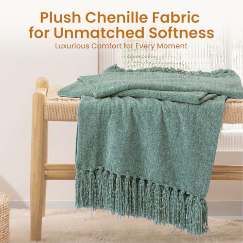 Sage Green Chenille Throw Blanket for Couch Bed，Soft Cozy Throw Blanket with Handmade Fringe, Decorative Blanket for Sofa Chair Living Room for Gift, (Sage Green) - color: Sage Green, size: 50“ x 60"