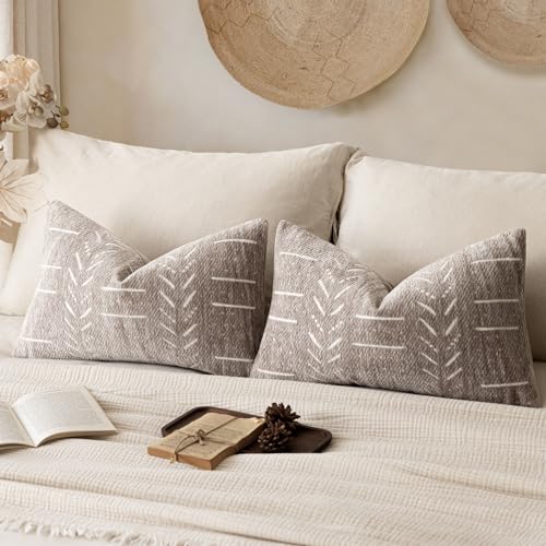 Home Décor Decorative Boho Chenille Throw Pillow Covers,Neutral Lumbar Cushion Covers,Textured Soft Farmhouse Pillowcase for Couch Sofa Chair Bed Living Room,12×20 Inch, Set of 2, Light Taupe - color: Plaza Taupe, size: 20" x 12" (Pack of 2)