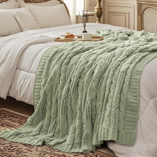 Amélie Home Chunky Knit Chenille Throw Blanket, Dual-Sided Soft Chenille Breathable Cable Knitted Blanket for Couch, Farmhouse Decorative Throw for Sofa & Chair, 60"x80", Sage Green - color: Sage Green, size: Cable Knit 60"x80"