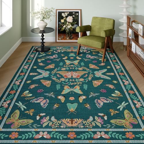 Unirea 4x6 Washable Living Room Bedroom Area Rug, Dark Blue Boho Non Slip Soft Stain Resistant Insect Bug Rug for Home Office, Kitchen, Nursery, Dining Room Laundry Room, Low Pile Thin Carpet - color: Dark Blue, size: 4'x6'