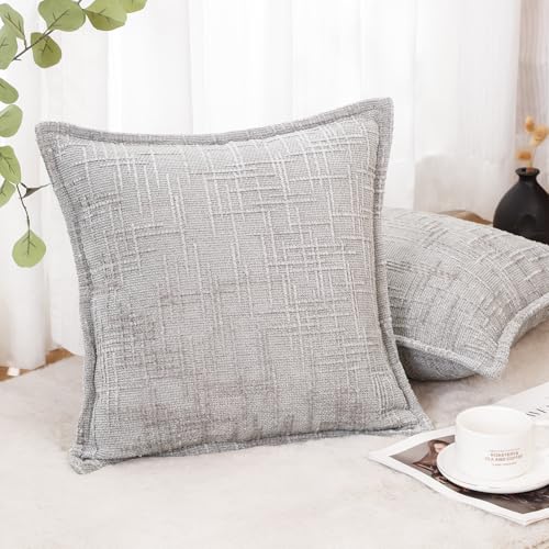 HPUK Fall Chenille Soft Throw Pillow Covers 18x18 Set of 2, Accent Cushion Covers for Living Room, Bedroom, Decorative Solid Color Pillow Covers for Couch, Sofa, Chair, Grey - color: Chenille-grey, size: 18" x 18" (Pack of 2)
