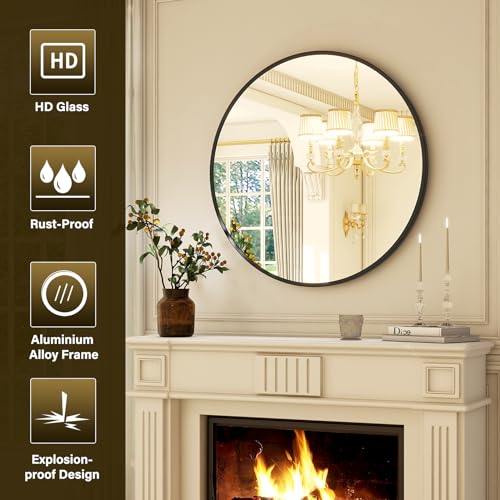 XRAMFY 36 Inch Round Mirror - Circle Mirrors for Bathroom, Entryway and Living Room Wall Decor, Modern Hanging Vanity Mirror, Matte Black Circle Decorative Wall Mirror - color: Round-black, size: 36"L x 36"W