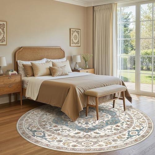 Area Rug for Living Room - 8x8 Soft Washable Oriental Vintage Floral Distressed Large Carpet - Fade Stain Resistant Non Slip Rugs for Bedroom Dining Room Nursery Dorm Office Home Decor - Blue/Beige - color: Blue/Beige, size: 8' x 8' (Round)