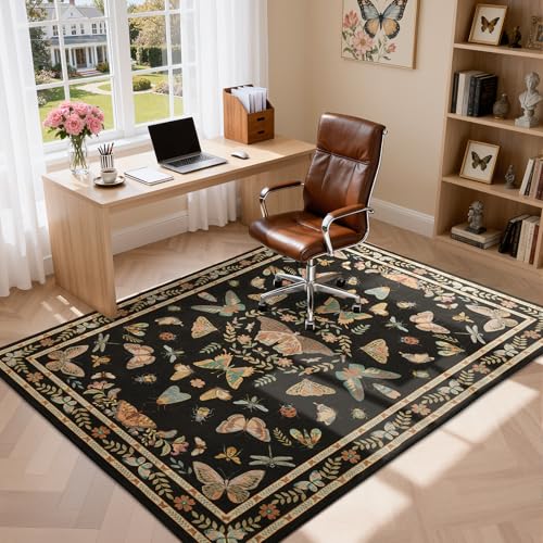 Unirea 4x6 Washable Living Room Bedroom Area Rug, Black Boho Non Slip Soft Stain Resistant Insect Bug Rug for Home Office, Kitchen, Nursery, Dining Room Laundry Room, Low Pile Thin Carpet - color: Black, size: 4'x6'
