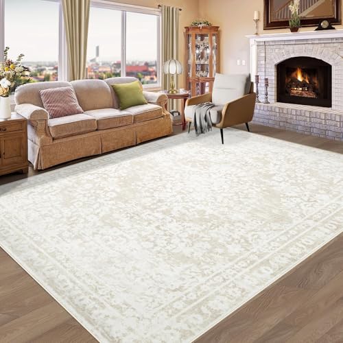 Aoyaomi Vintage Living Room Area Rug - 6x9 Large Machine Washable Boho Area Rug Distressed Floral Rugs for Bedroom, Soft Non-Slip Indoor Floor Accent Rugs for Office Dining Room (Cream Beige, 6'x9') - color: Cream Beige, size: 6' X 9' (Rectangular)