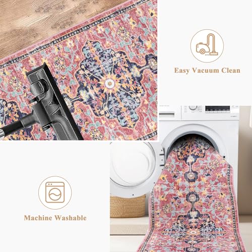 Pauwer Boho Hallway Runner Rug 2x6 Washable Entryway Area Rugs Non Slip Farmhouse Vintage Floor Mat Carpet Runner for Hallways Laundry Room Kitchen Bathroom Bedroom - color: Fuchsia Multi, size: 2' x 6' (Runner)