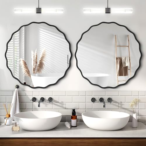Gold Round Mirror for Wall, 32"x32" Decorative Wavy Bathroom Mirror with Brushed Alloy Steel Frame & Shatter-Proof Glass, Hanging Circle Wall Mirrors for Bathroom, Entryway (Black, Large) - color: Black, size: Large