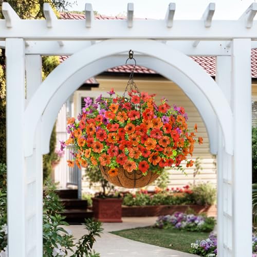 ZFProcess Artificial Faux Hanging Plants Flowers Basket for Spring Outdoor Decoration, Fake Silk Daisy in Planter Realistic UV Resistant Look Real for Porch Home Patio Balcony Yard(Purple Orange red) - color: Purple Orange Red