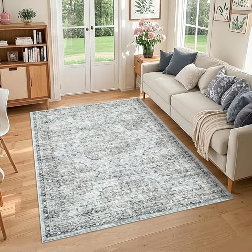 COZYLOOM Blue-Brown Vintage Washable Rug for Living Room 5x7 Non-Slip Retro Floral Throw Rug, Low Pile Stain Resistant Distressed Carpet, Indoor Foldable Floor Mats for Dining Room Bathroom Kitchen - color: Boho|blue&brown, size: 5' x 7' (Rectangular)