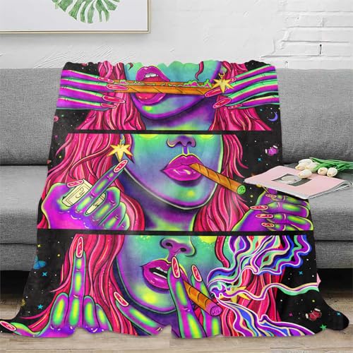 Blacklight Hippie Trippy Blanket UV Reactive Throw Glow in the Dark Smoke Weed Throw Blankets for Stoners Bedroom Room Decor Cannabis Weed Smoking Accessories Trippy Room Decor Travel Blanket 51”x59” - color: Pink 2