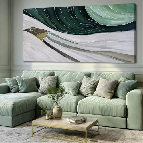 MLART99 Large Abstract Wave Painting Green and White Modern Canvas Wall Art Painted Line Texture for Bedroom Living Room Home Decor 29x58 Inch - color: Green and White, size: 58"L x 29"W