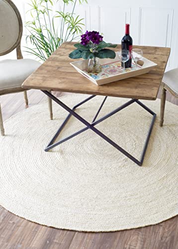 FRELISH DECOR Handwoven Jute Area Rug- Off-White Round Rustic Vintage Beige Braided Reversible Rug- Eco Friendly Rug for Bedroom, Kitchen, Living Room, Farmhouse (5' Round - Off-White) - color: Off-white, size: 5' (Round)