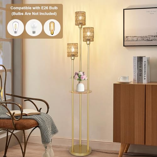 Boho Floor Lamp with Shelves, 3-Lights Farmhouse Tall Floor Lamp with ON/Off Foot Switch, Gold Modern Floor Lamps with Rattan Shades, Rustic Standing Lamp for Living Room, Bedroom, Office - style: Gold-Rattan Shade