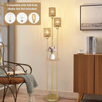 Boho Floor Lamp with Shelves, 3-Lights Farmhouse Tall Floor Lamp with ON/Off Foot Switch, Gold Modern Floor Lamps with Rattan Shades, Rustic Standing Lamp for Living Room, Bedroom, Office - style: Gold-Rattan Shade