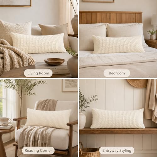JoraLion 14x24 Boho Decorative Lumbar Throw Pillow Cover, Cream Cozy Soft Striped Corduroy Long Rectangle Cushion Case Accent Home Decor for Sofa Bed Room Livingroom, ONLY Cover - color: Cream, size: 24" x 14" (Pack of 1)