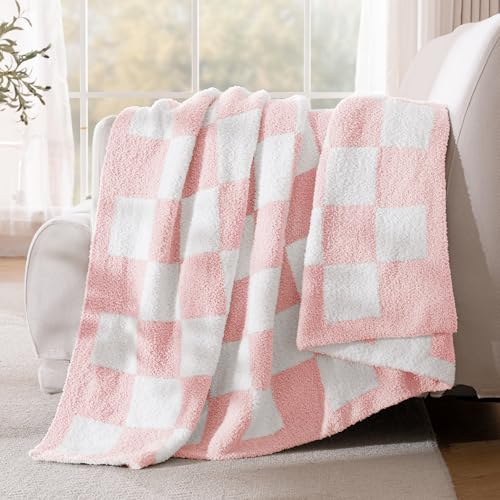 Exclusivo Mezcla Checkered Knit Throw Blanket, Ultra Soft and Warm Reversible Woven Blankets, Cozy Snuggly Throw for Couch Bed and Home Decor, Pink, 50"x60" - color: Pink, size: Throw (50"x60")