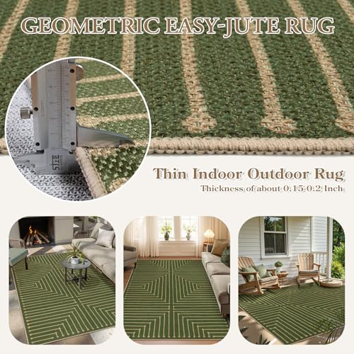 Lahome Neutral Geometric Green Easy Jute Rug, 5x7 Outdoor Rug Washable Carpet for Living Room, Farmhouse Rhombus Non Slip Non Shedding Low Pile Dining Room Carpet for Under Table Bedroom Patio - color: Green/Nature, size: 5 x 7 feet