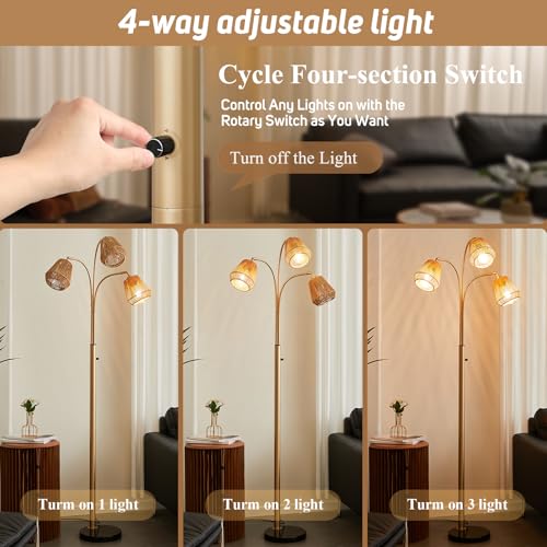 Gold Rattan Floor Lamp for Living Room, 72 Inch Tall Boho Floor Lamp with Rotary Switch, 3 Lights Arc Lamp with Wicker Shade for Coastal,Bohemian,Modern,Tree Farmhouse Standing Lamp - color: Gold