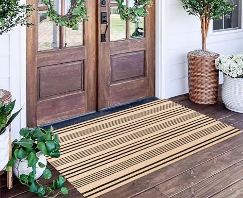 Black and Tan Outdoor Rug 2'x4',Striped Front Porch Rug Machine Washable Front Door Mat Entryway Throw Rug for Front Porch Indoor Outdoor Doormat - color: Black Khaki, size: 2' x 4'3" (Rectangular)