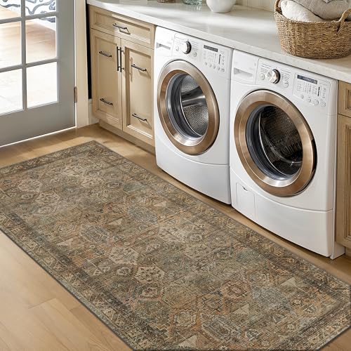 Bavni Kitchen Rug 2x5 Runner Rugs for Hallways Entryway, Washable Vintage Print Carpet, Ultra-Thin Chenille Low Pile Lightweight Rug with Non Slip Backing, Warm Taupe - color: Area Warm Taupe, size: 2' x 5' (Rectangular)
